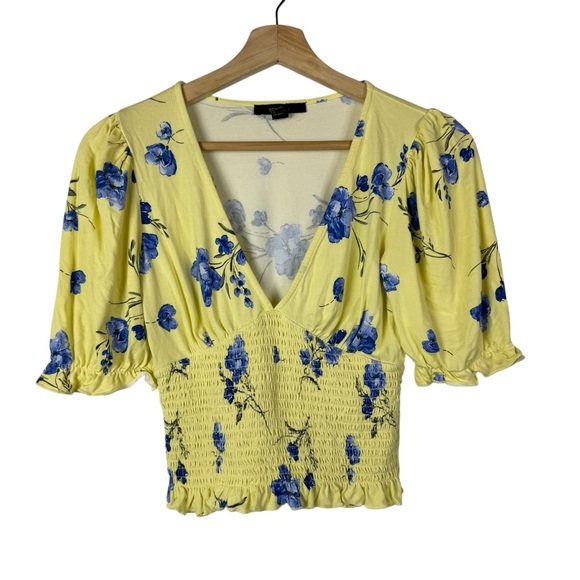 Forever 21 Yellow & Blue Floral Smocked Waist Crop Short Sleeve S - Picture 1 of 3